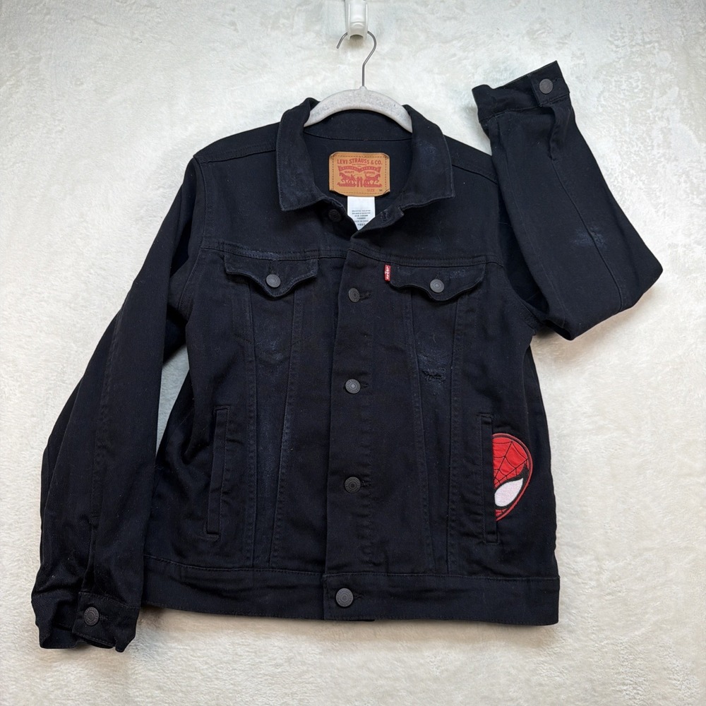 Levi's Spider Man Denim Trucker Jacket Boys Medium Black‎ Comic Patchwork Custom